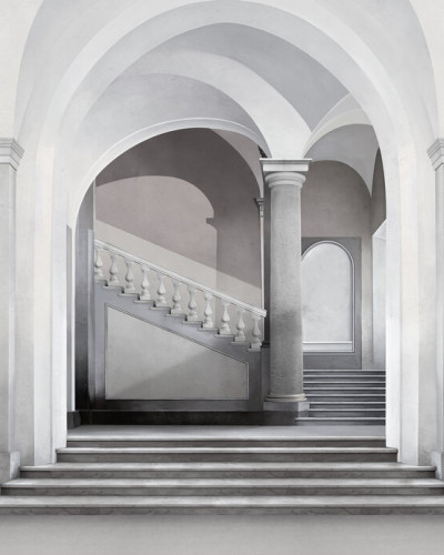 Fototapet cu o intrare arhitecturală impresionantă, cu arcade și o scară clasică în tonuri de gri și alb.