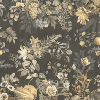 Tapet cu un design botanic bogat, plin de flori și fructe în nuanțe sepia.