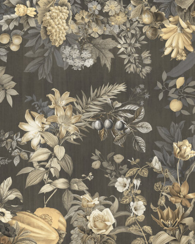 Tapet cu un design botanic bogat, plin de flori și fructe în nuanțe sepia.