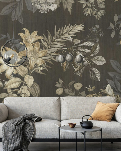 Tapet cu un design botanic bogat, plin de flori și fructe în nuanțe sepia.