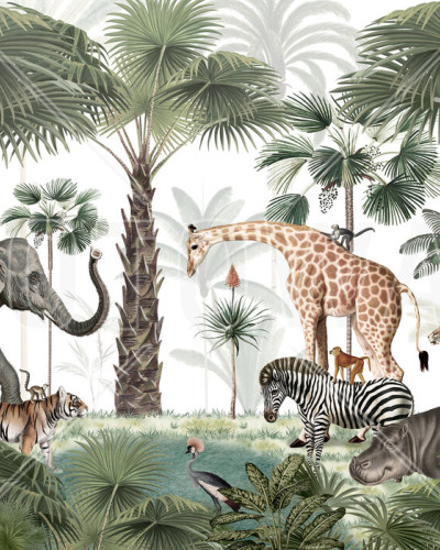 Fototapet cu o scenă din savana africană, prezentând o varietate de animale sălbatice precum elefanți, girafe, tigri, zebre, hipopotami, leoparzi și păsări tropicale, într-un peisaj luxuriant cu palmieri și vegetație densă.