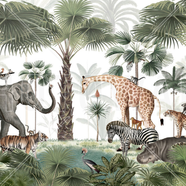 Fototapet cu o scenă din savana africană, prezentând o varietate de animale sălbatice precum elefanți, girafe, tigri, zebre, hipopotami, leoparzi și păsări tropicale, într-un peisaj luxuriant cu palmieri și vegetație densă.