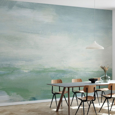 Fototapet cu design abstract în tonuri de albastru și verde, ambient de interior