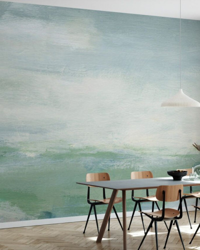 Fototapet cu design abstract în tonuri de albastru și verde, ambient de interior