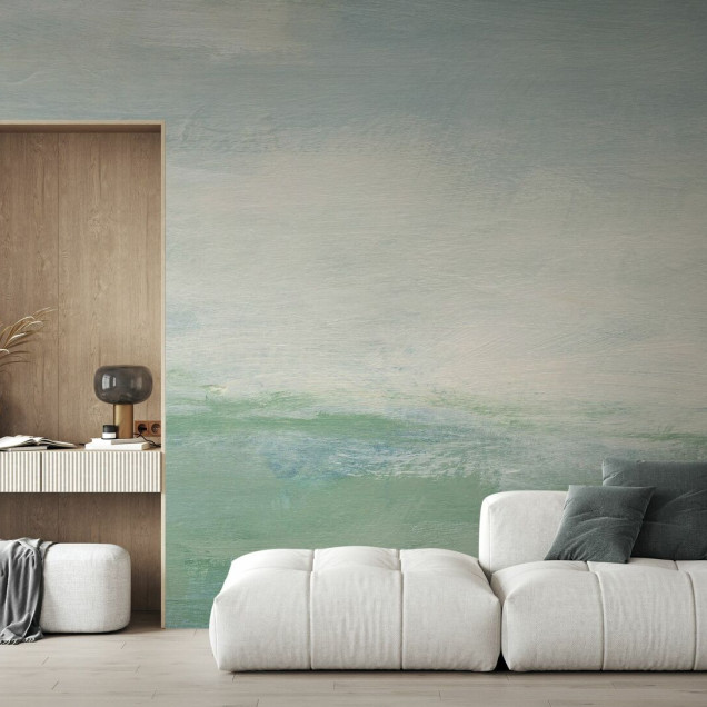 Fototapet cu design abstract în tonuri de albastru și verde, ambient de interior