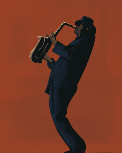 Fototapet cu un saxofonist stilizat pe fundal aramiu, într-un living modern.