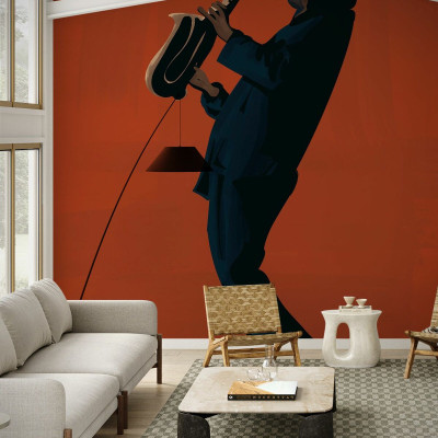 Fototapet cu un saxofonist stilizat pe fundal aramiu, într-un living modern.