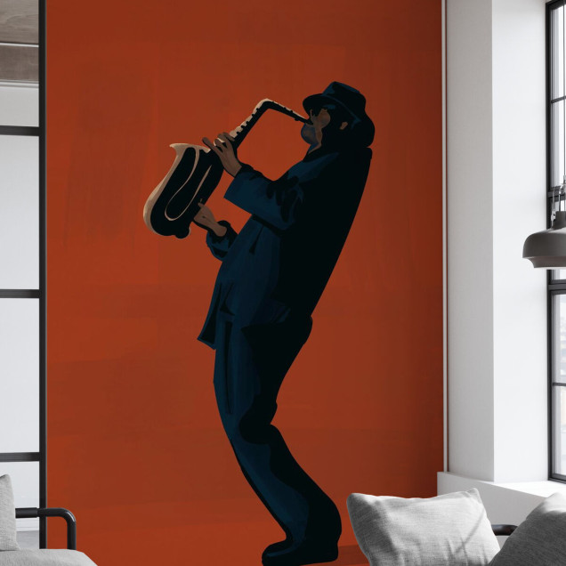 Fototapet cu un saxofonist stilizat pe fundal aramiu, într-un living modern.