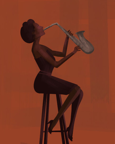 Fototapet cu o femeie elegantă la saxofon, stil art deco, pe un fundal de culoare portocalie.