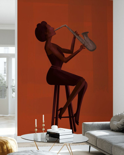 Fototapet cu o femeie elegantă la saxofon, stil art deco, pe un fundal de culoare portocalie.