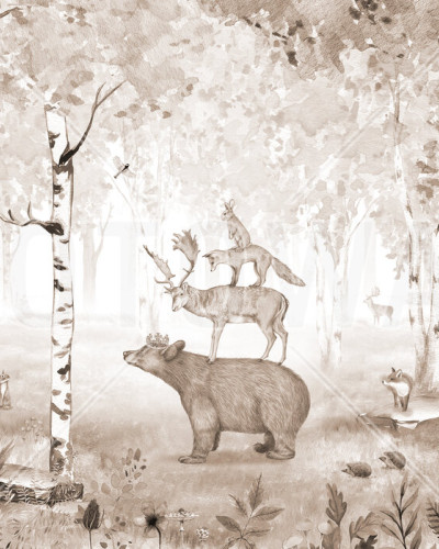 Fototapet cu un urs purtând o coroană, stând pe pământ într-o pădure de mesteceni, cu alte animale, inclusiv un cerb, o vulpe și un iepure, așezate pe el.