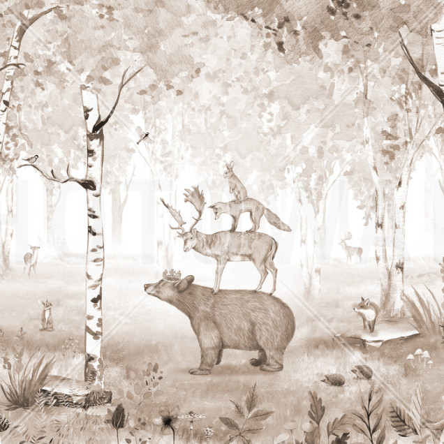 Fototapet cu un urs purtând o coroană, stând pe pământ într-o pădure de mesteceni, cu alte animale, inclusiv un cerb, o vulpe și un iepure, așezate pe el.