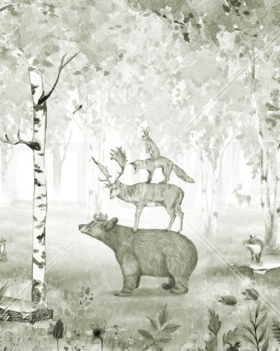 Fototapet cu urs regal, cerb, vulpe și iepure într-o pădure de mesteacăn, desen în acuarelă, tonuri de gri și verde.