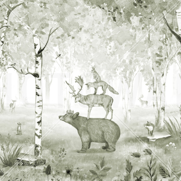 Fototapet cu urs regal, cerb, vulpe și iepure într-o pădure de mesteacăn, desen în acuarelă, tonuri de gri și verde.