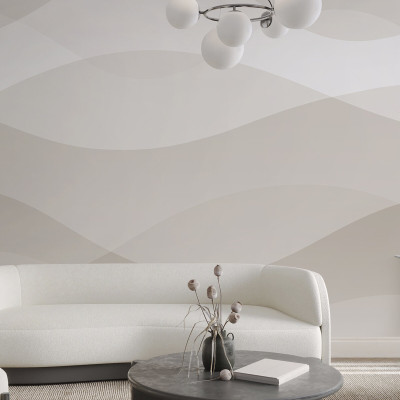 Fototapet cu model de valuri în nuanțe ivory într-un living modern