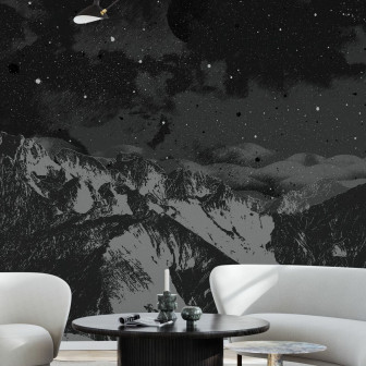 Fototapet cu peisaj montan nocturn alb-negru