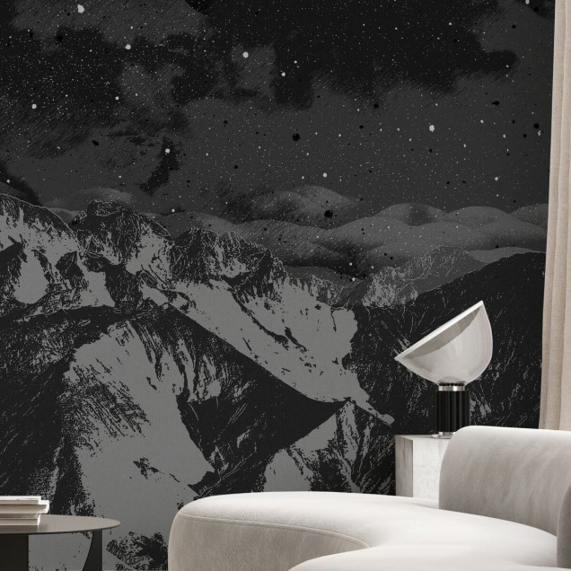 Fototapet cu peisaj montan nocturn alb-negru
