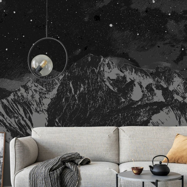 Fototapet cu peisaj montan nocturn alb-negru
