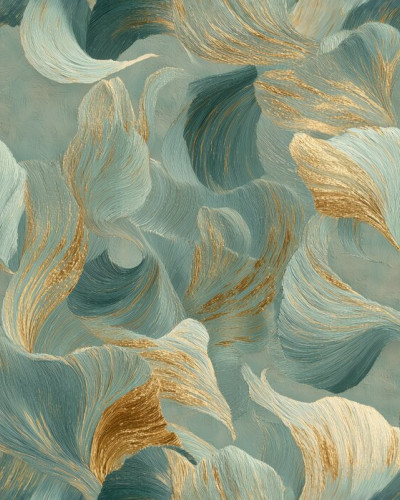 Tapet cu design abstract în nuanțe de teal și accente aurii, prezentând curbe ritmice.