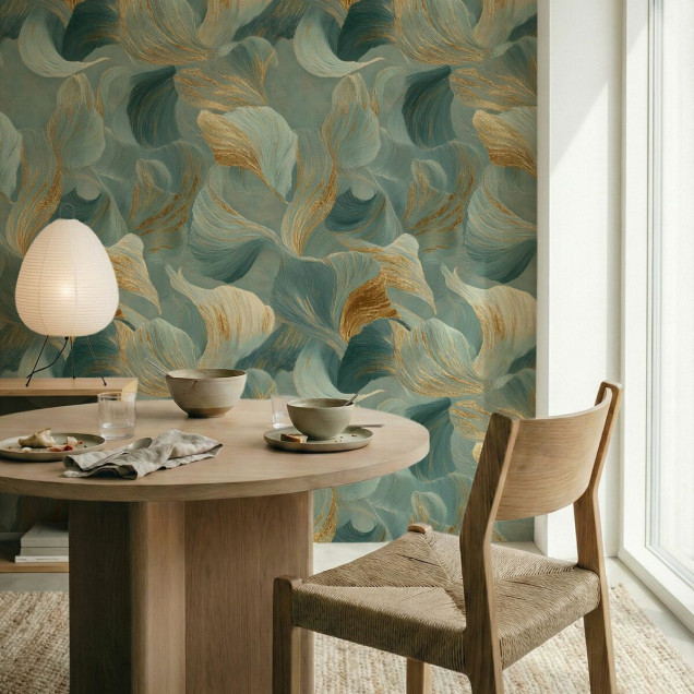 Tapet cu design abstract în nuanțe de teal și accente aurii, prezentând curbe ritmice.