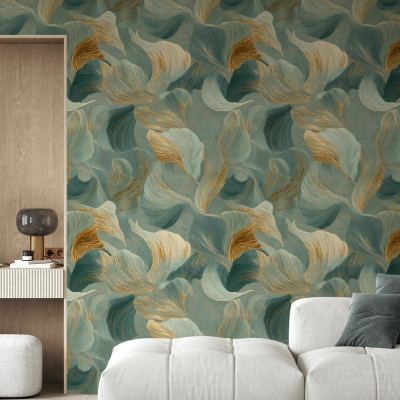 Tapet cu design abstract în nuanțe de teal și accente aurii, prezentând curbe ritmice.