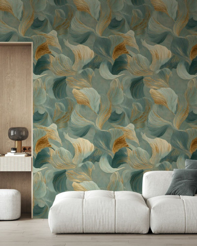Tapet cu design abstract în nuanțe de teal și accente aurii, prezentând curbe ritmice.