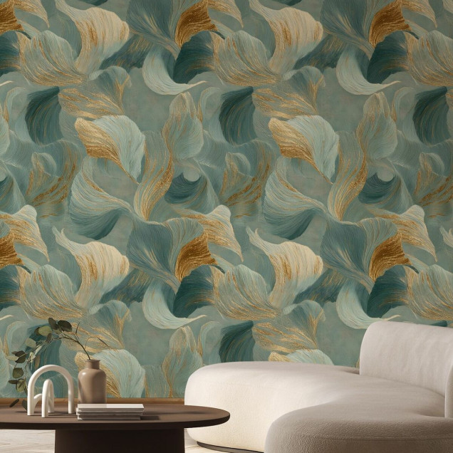 Tapet cu design abstract în nuanțe de teal și accente aurii, prezentând curbe ritmice.