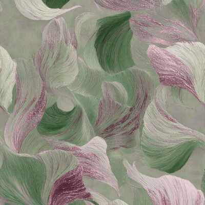 Tapet cu design organic în nuanțe de verde pădure, roz și lavandă, reprezentând forme abstracte și fluide, într-un living modern.