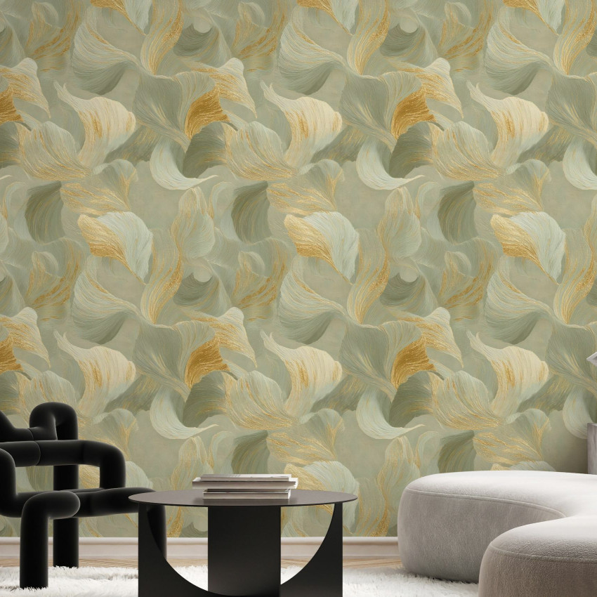Tapet cu design organic în nuanțe de verde pădure, roz și lavandă, reprezentând forme abstracte și fluide, într-un living modern.