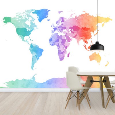 Tapet Watercolour World Map Soft Colors cu harta lumii in culori pastelate
