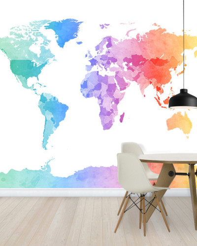 Tapet Watercolour World Map Soft Colors cu harta lumii in culori pastelate