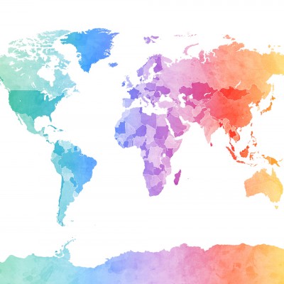 Tapet Watercolour World Map Soft Colors cu harta lumii in culori pastelate