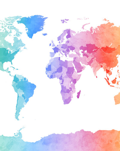 Tapet Watercolour World Map Soft Colors cu harta lumii in culori pastelate