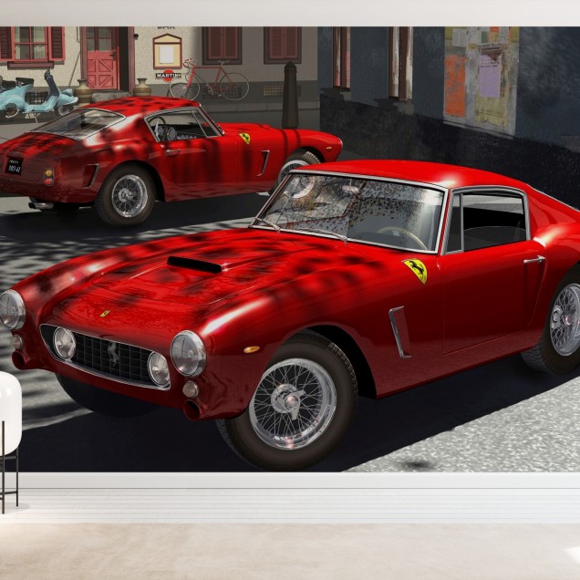 Imagine cu tapetul "250GT's în Italia Piazza"  - două mașini Ferrari roșii strălucitoare, parcate în fața unui bar din Italia.