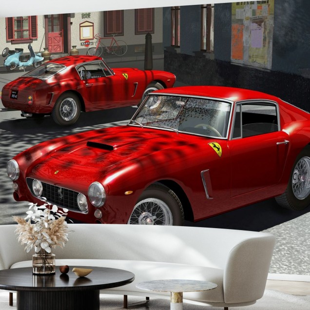 Imagine cu tapetul "250GT's în Italia Piazza"  - două mașini Ferrari roșii strălucitoare, parcate în fața unui bar din Italia.