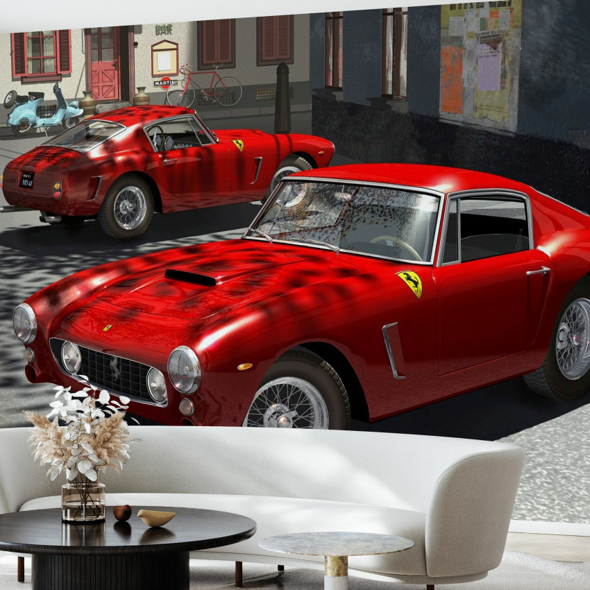 Tapet cu o imagine clasică a unei Ferrari 250GT care merge pe străzile din Italia.