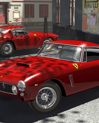 Imagine cu tapetul "250GT's în Italia Piazza"  - două mașini Ferrari roșii strălucitoare, parcate în fața unui bar din Italia.