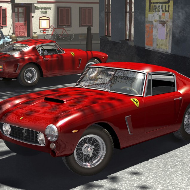 Imagine cu tapetul "250GT's în Italia Piazza"  - două mașini Ferrari roșii strălucitoare, parcate în fața unui bar din Italia.