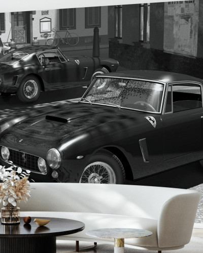 Tapet cu o imagine clasică a unei Ferrari 250GT care merge pe străzile din Italia.