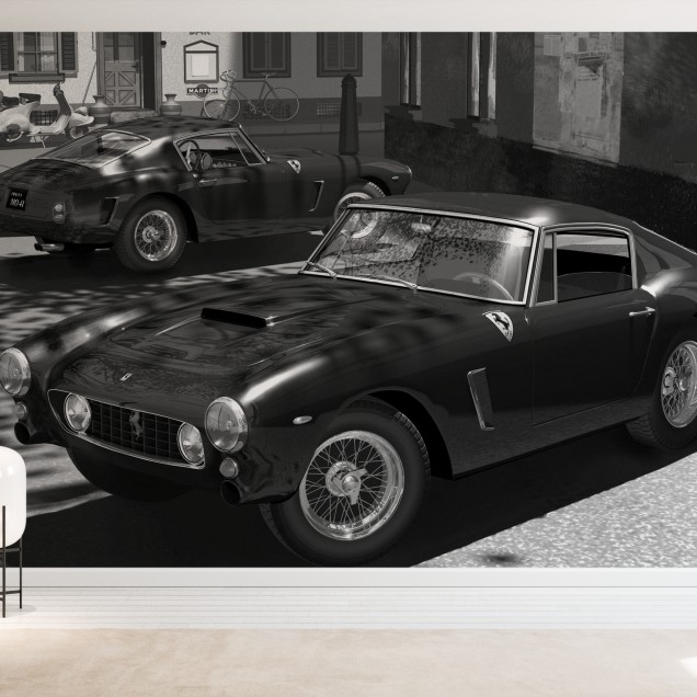 Tapet cu o imagine clasică a unei Ferrari 250GT care merge pe străzile din Italia.