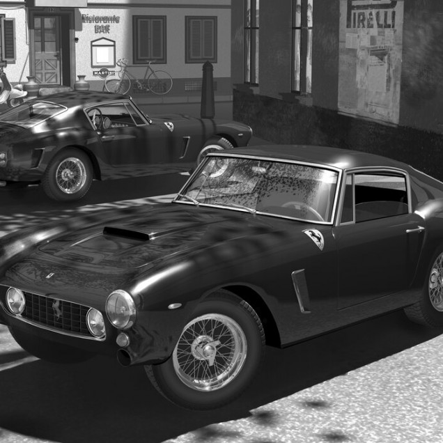 Tapet cu o imagine clasică a unei Ferrari 250GT care merge pe străzile din Italia.