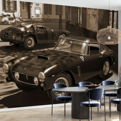 Tapet cu design retro cu două mașini Ferrari 250GT parcate pe o stradă pietruită din Italia, în tonuri sepia.