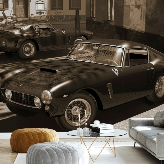 Tapet cu design retro cu două mașini Ferrari 250GT parcate pe o stradă pietruită din Italia, în tonuri sepia.