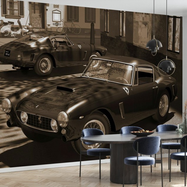 Tapet cu design retro cu două mașini Ferrari 250GT parcate pe o stradă pietruită din Italia, în tonuri sepia.