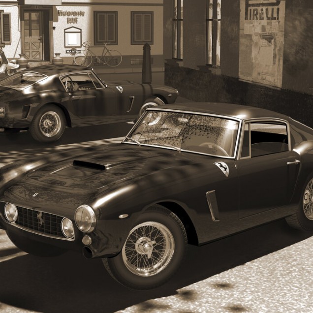 Tapet cu design retro cu două mașini Ferrari 250GT parcate pe o stradă pietruită din Italia, în tonuri sepia.