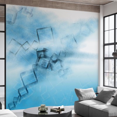 Tapet abstract cu design modern și vibrant, Blue Game,  într-un living luminos.