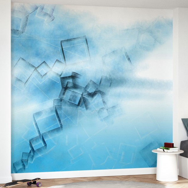 Tapet abstract cu design modern și vibrant, Blue Game,  într-un living luminos.
