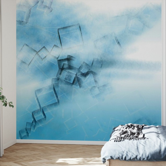 Tapet abstract cu design modern și vibrant, Blue Game,  într-un living luminos.