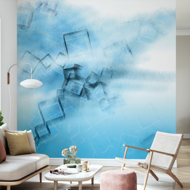 Tapet abstract cu design modern și vibrant, Blue Game,  într-un living luminos.