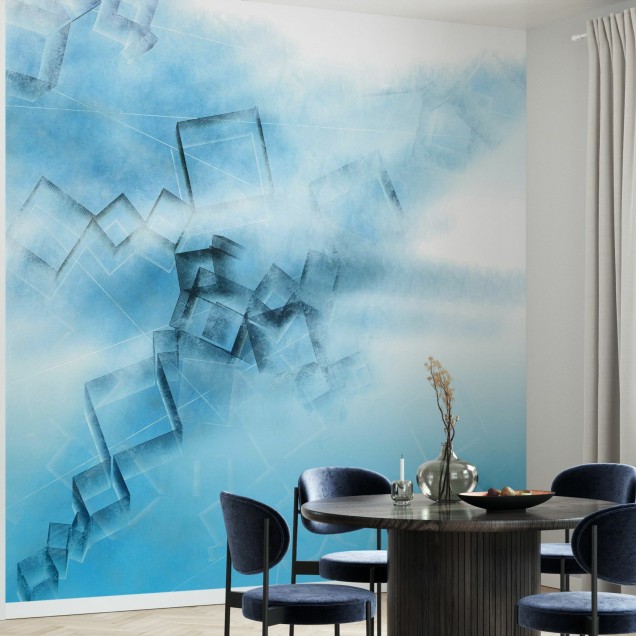 Tapet abstract cu design modern și vibrant, Blue Game,  într-un living luminos.